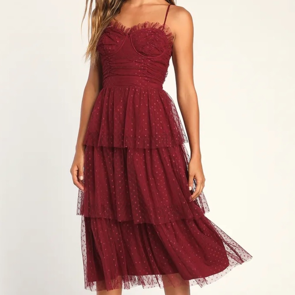 Lulus Sweetheart Style Burgundy Polka Dot Bustier Tiered Midi Dress, Size L